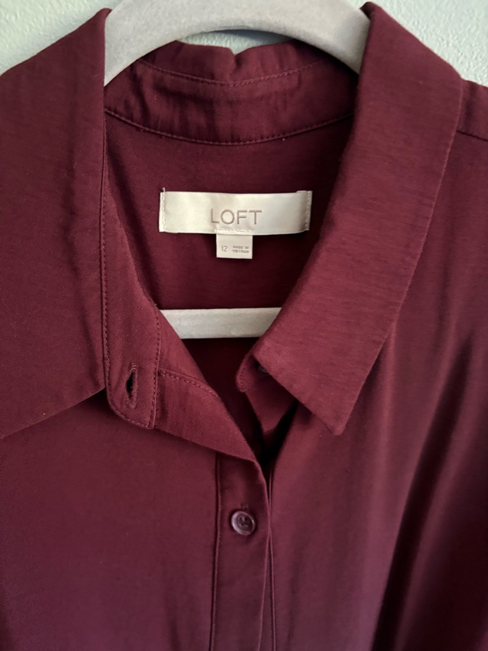 LOFT Burgundy Long-Sleeve Button-Front Shirt Dress - Picture 3 of 4